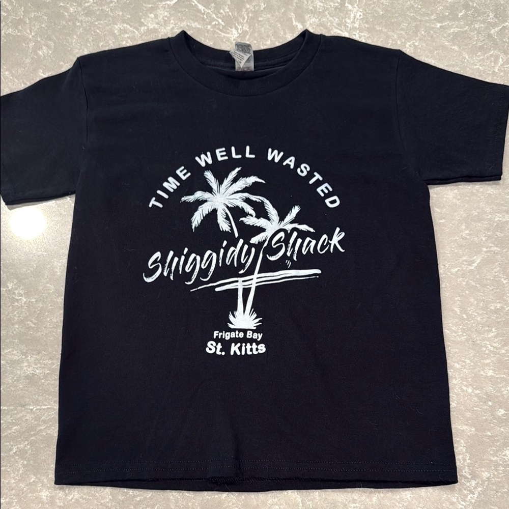 Gildan Kids Black Mr. X’s Shiggidy Shack St. Kitts Tee with White Palm Design